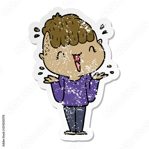 distressed sticker of a cartoon happy boy surprised