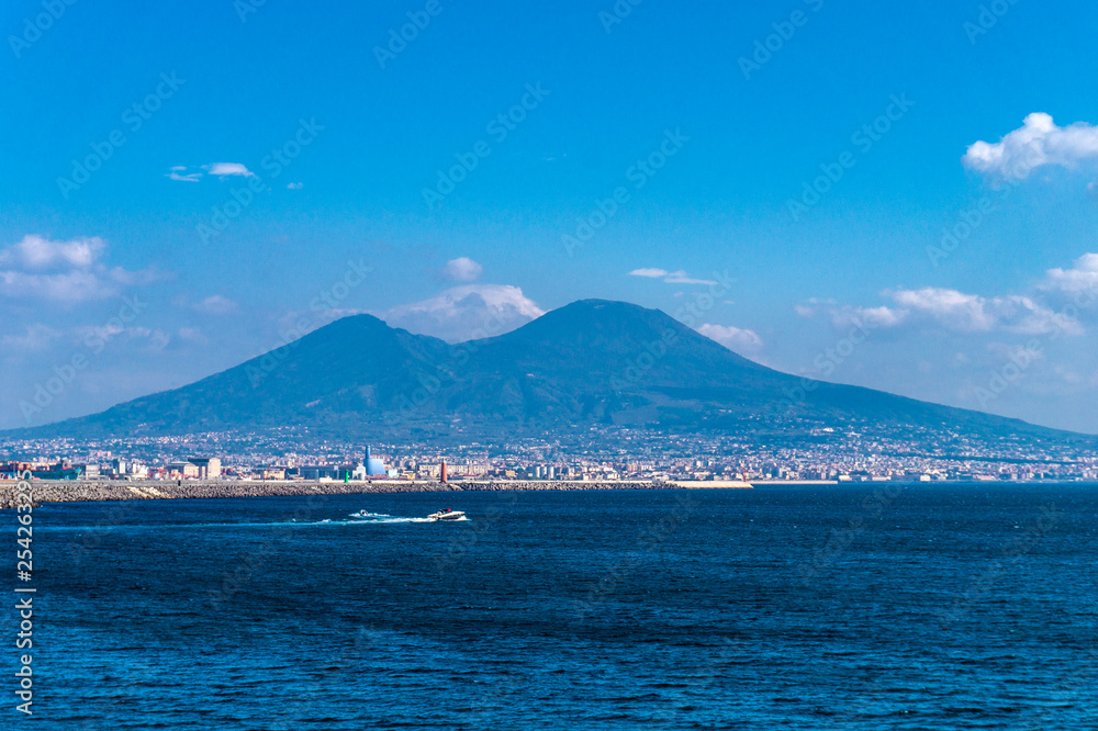 beautiful view of the coast of Naples with the vesuvio from the sea.