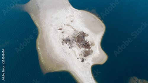 Little sand island in blue sea with lot of bold tress , areal view 