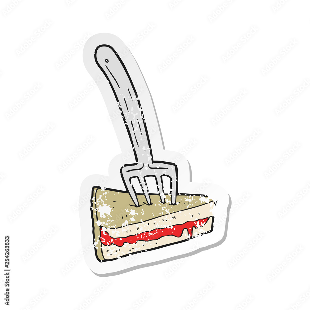 retro distressed sticker of a cartoon cake with fork retro distressed sticker of a cartoon cake with fork