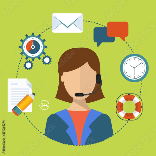 Business customer care service concept flat icons set of contact us support help desk phone call and website click for info graphics design web elements vector illustration