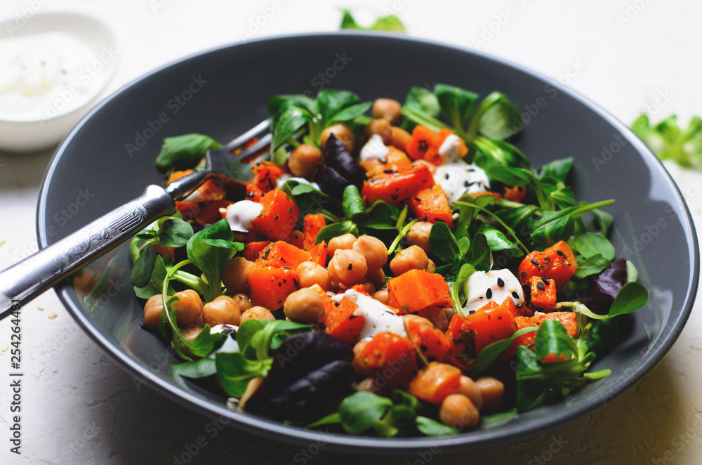 Healthy Vegetarian Salad, Roasted Pumpkin and Chickpea Salad in a Bowl