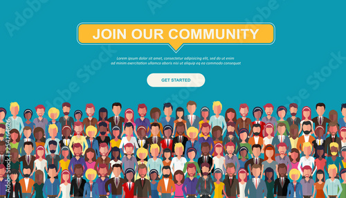 Join our community. Crowd of united people as a business or creative community standing together. Flat concept vector website template and landing page design for invitation to summit or conference