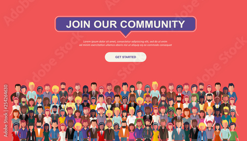 Join our community. Crowd of united people as a business or creative community standing together. Flat concept vector website template and landing page design for invitation to summit or conference