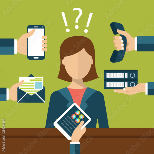Busy person at work concept. Hard work concept. Hands with smart phone, telephone letter, documents and tablet. Analysis concept. Flat vector illustration