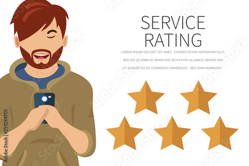 Service rating concept of young woman using smartphone to leave a feedback. Concept of feedback,testimonials messages and notifications.Rating on customer service illustration.Flat vector illustration