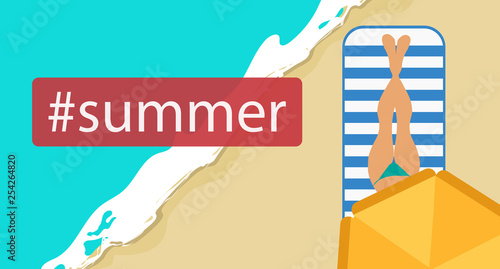 Hashtag summer concept flat vector illustration of woman sunbathing on the beach and relaxing under summer umbrella. Flat vector illustration
