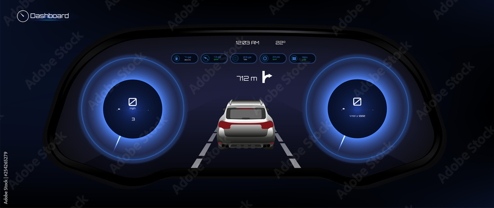 Automotive Dashboard, Futuristic Style. Car Instrument Panel. Tachometer, Data Display and Navigation (gps) Template Automotive Dashboard.  Vector illustration