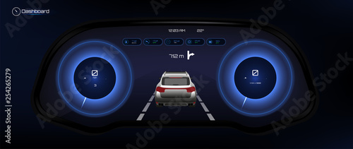 Automotive Dashboard, Futuristic Style. Car Instrument Panel. Tachometer, Data Display and Navigation (gps) Template Automotive Dashboard.  Vector illustration