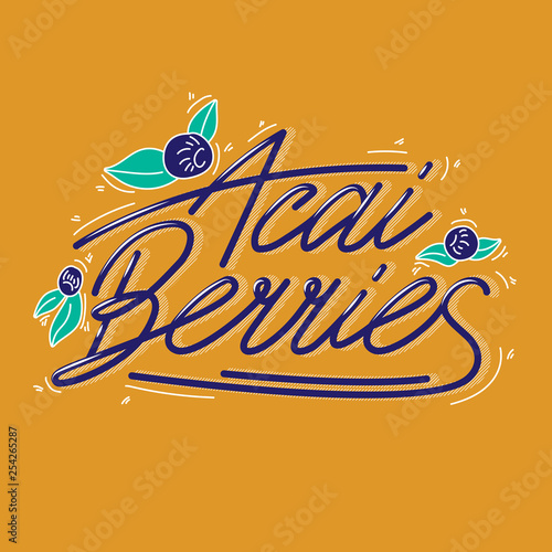 Concept berries acai vector line. hand drawing, funny doodles on a yellow background with lettering.