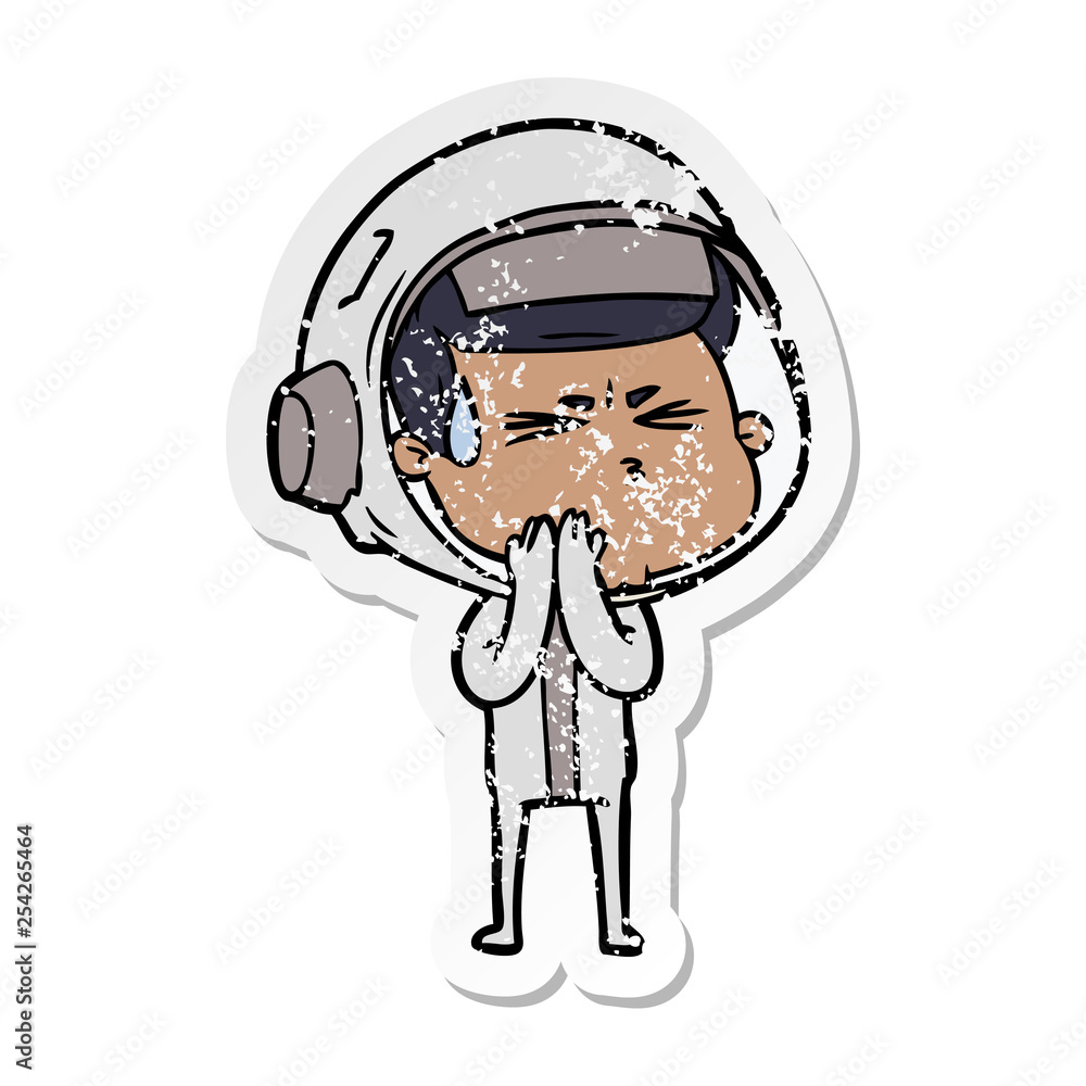 distressed sticker of a cartoon stressed astronaut distressed sticker of a cartoon stressed astronaut