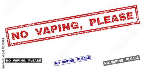 Grunge NO VAPING, PLEASE rectangle stamp seals isolated on a white background. Rectangular seals with grunge texture in red, blue, black and grey colors. Vector rubber imprint of NO VAPING,