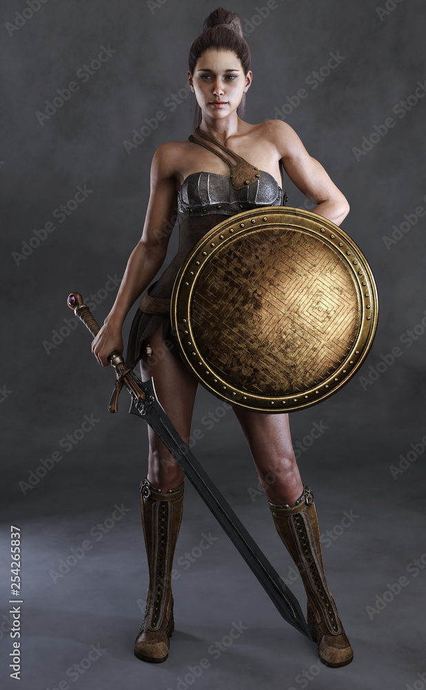 Portrait of a sexy amazon female posed with a sword,shield and a studio  background. 3d rendering Stock Illustration | Adobe Stock
