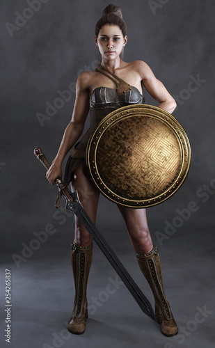 Portrait of a sexy amazon female posed with a sword,shield and a studio background. 3d rendering photo