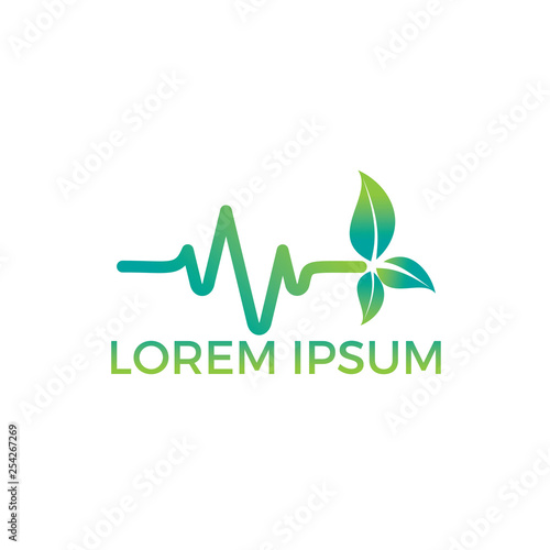 Heartbeat pulse line vegan with green leaves vector design. Health Nature logo designs concept, Nature logo design.