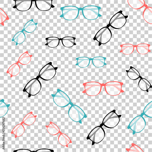 Seamless pattern with Glasses. Vector glasses model icons. Sunglasses, glasses, isolated on white background. Silhouettes in modent colors