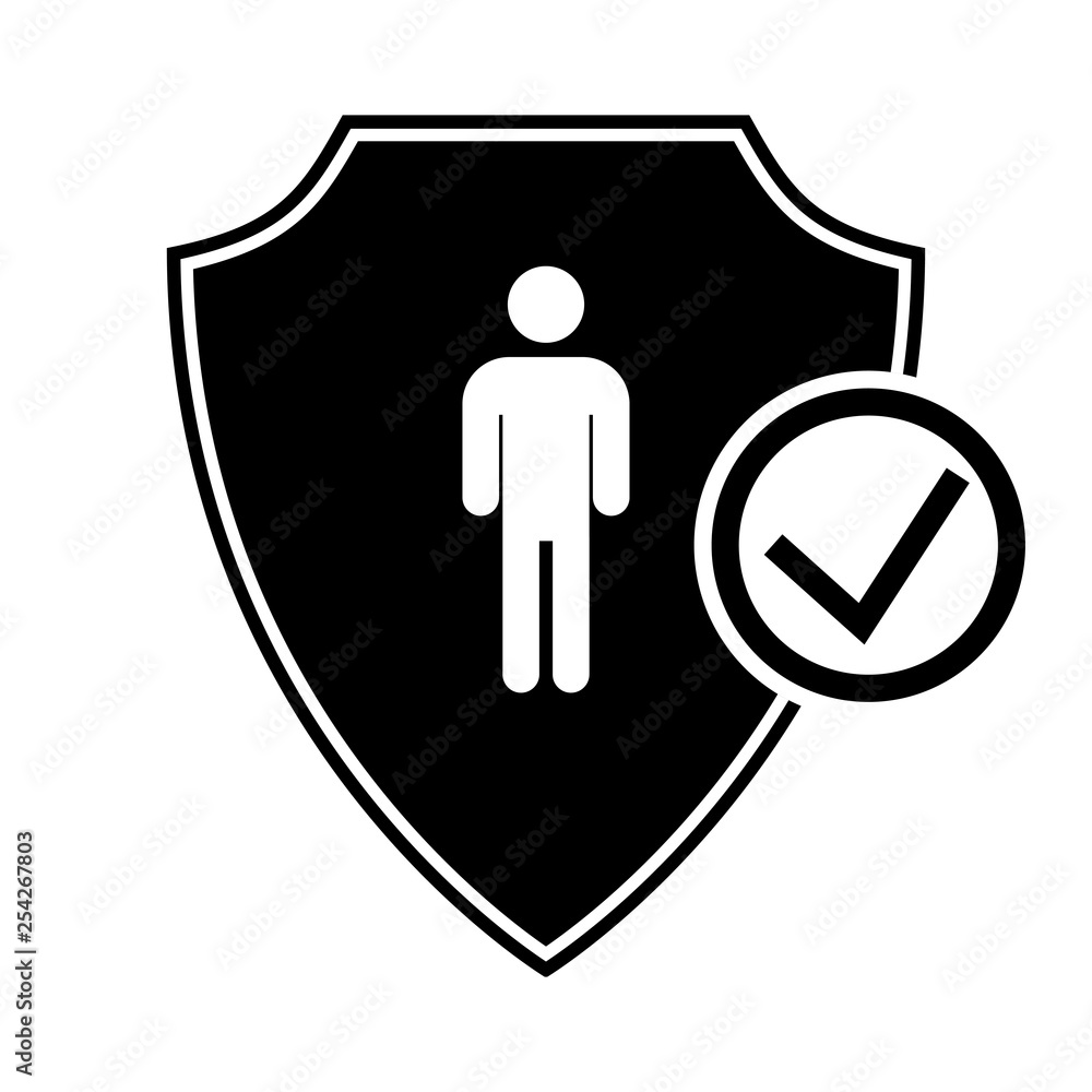 Protection shield man silhouette icon. Shield protection vector icon. Security agency symbol. Protection of human. Vector illustration