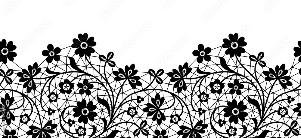 Black lace border with flowers isolated on white background Stock Vector