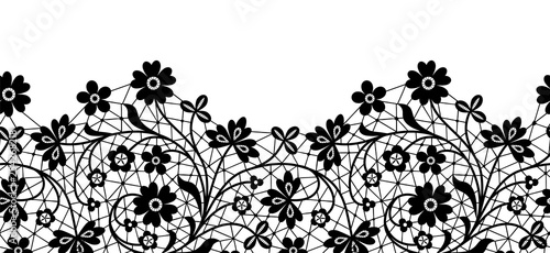 Black lace border with flowers isolated on white background