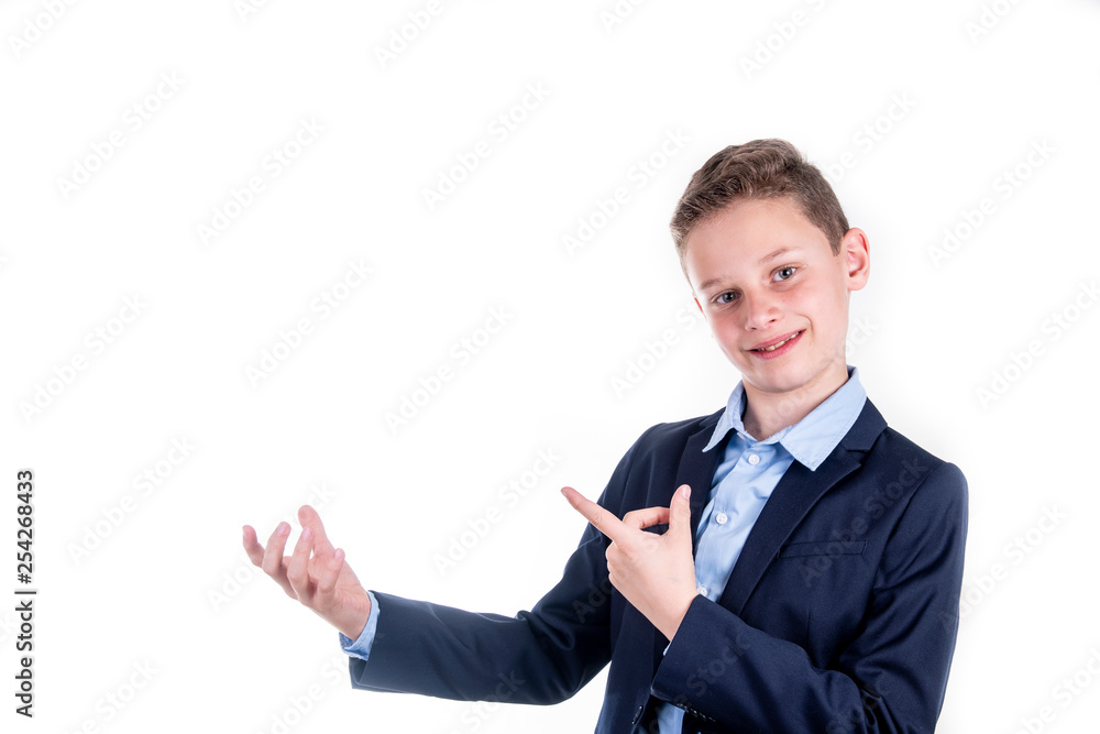 Young boy in blue shirt and blue jacket time on a place with text space on white background Young boy in blue shirt and blue jacket time on a place with text space on white background