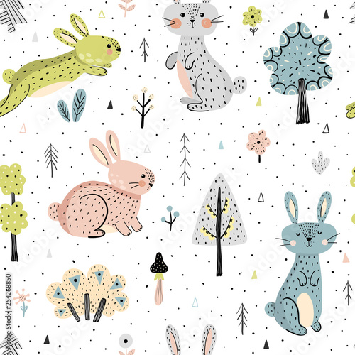 Seamless pattern with bunnies in the forest. Childish background in modern scandinavian style. Vector illustration