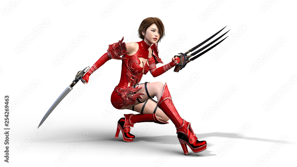 Asian warrior princess with claw blades crouching, fantasy fighter girl in battle armor holding scythe blades, isolated on white, 3D rendering Asian warrior princess with claw blades crouching, fantasy fighter girl in battle armor holding scythe blades, isolated on white, 3D rendering
