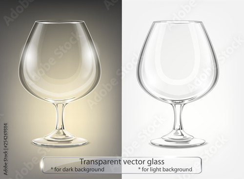 Transparent vector glass goblets for dark and light background. Brandy sniffer