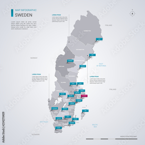 Sweden vector map with infographic elements, pointer marks.