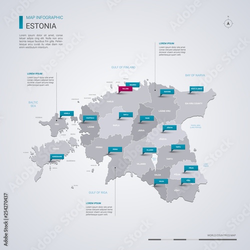 Estonia vector map with infographic elements, pointer marks.