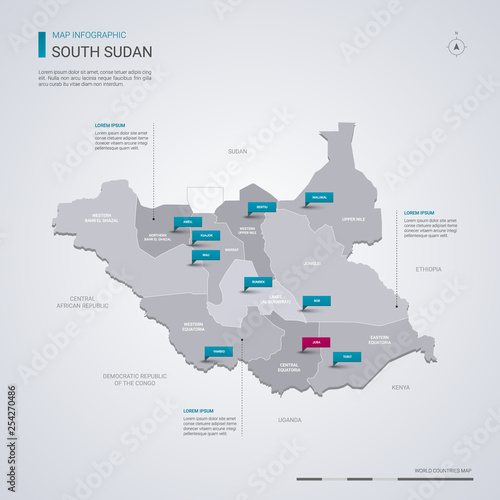 South Sudan vector map with infographic elements, pointer marks.