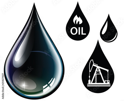 Set of  Oil or Petroleum Vector Black Realistic Drop And Flat Icons