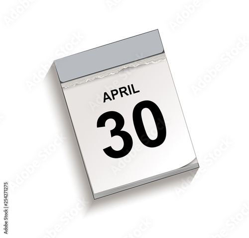Kalender April 30, Abreißkalender mit Datum, Vektor Illustration isoliert auf weißem Hintergrund