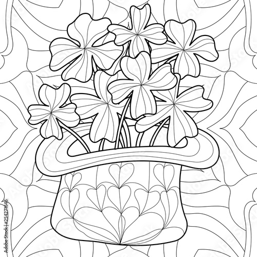 Coloring book clover, shamrock on St. Patrick's Day for adults. Hand drawn irish sign luck. Anti stress seamless ethnic bohemian background. Vintage decorative element. Indian motifs page. Vector