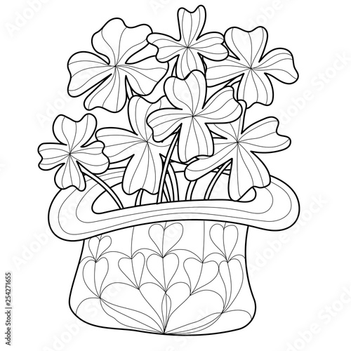 Coloring book clover, shamrock on St. Patrick's Day for adults. Hand drawn irish sign luck. Anti stress seamless ethnic bohemian background. Vintage decorative element. Indian motifs page. Vector