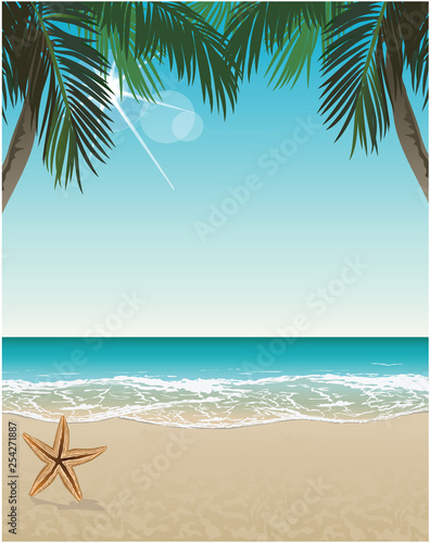 Vector seaside view poster with tropical beach and palms
