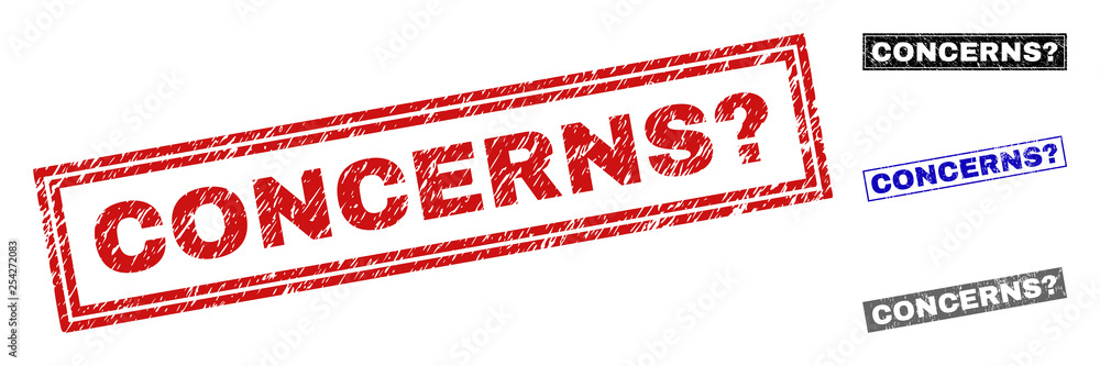 Grunge CONCERNS? rectangle stamp seals isolated on a white background. Rectangular seals with grunge texture in red, blue, black and grey colors. Grunge CONCERNS? rectangle stamp seals isolated on a white background. Rectangular seals with grunge texture in red, blue, black and grey colors.