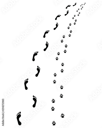 Prints of human feet and dog paws, turn left or right