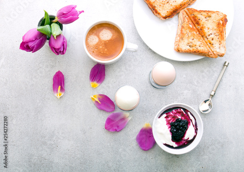 Delicious breakfast on a gray background.