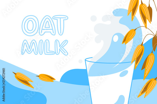 Realistic oat bunch, yellow sereals for backery, flour production design. Vector wheat ears spikelets with grains in milk splash. Whole stalks, organic vegetarian food packaging element illustration.