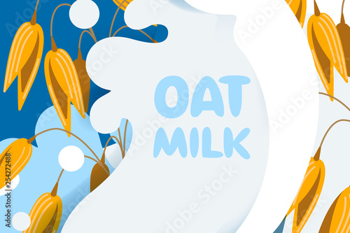 Realistic oat bunch, yellow sereals for backery, flour production design. Vector wheat ears spikelets with grains in milk splash. Whole stalks, organic vegetarian food packaging element illustration.