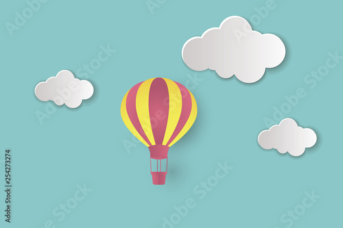 Beautiful clouds and air balloons! Abstract paper art 3D vector illustration on blue background. 