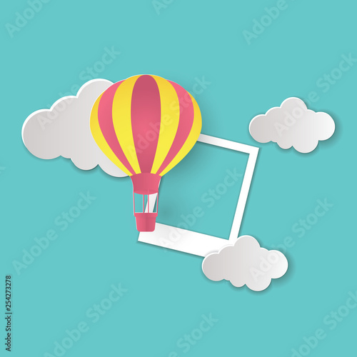 Beautiful clouds and air balloons! Abstract paper art 3D vector illustration on blue background. 