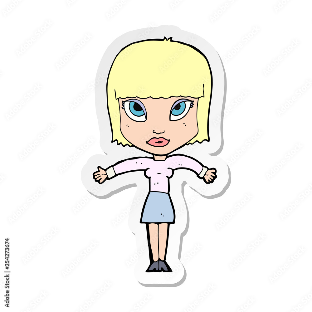 sticker of a cartoon woman shrugging sticker of a cartoon woman shrugging