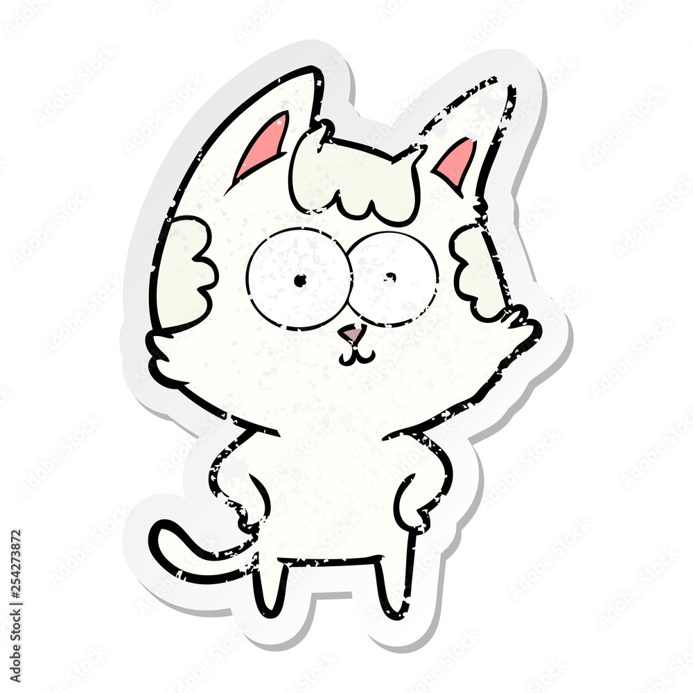 distressed sticker of a happy cartoon cat