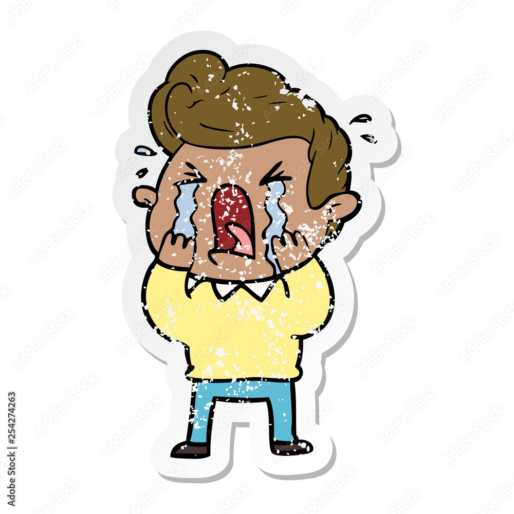 distressed sticker of a cartoon crying man distressed sticker of a cartoon crying man