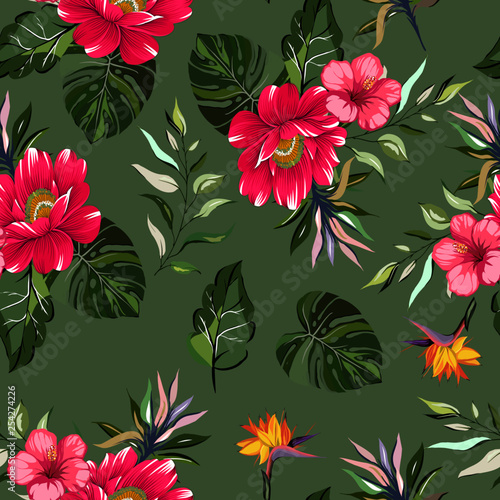 Seamless pattern tropical pink flower with leaves 