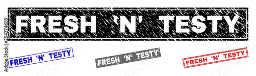 Grunge FRESH 'N' TESTY rectangle stamp seals isolated on a white background. Rectangular seals with grunge texture in red, blue, black and gray colors.