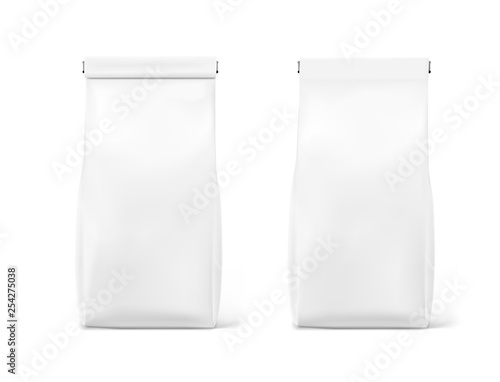 Vertical realistic bag mockup with clip band isolated on white background. Vector illustration. Can be use for template your design, presentation, promo, ad. Taking your 2D designs into 3D. EPS10.