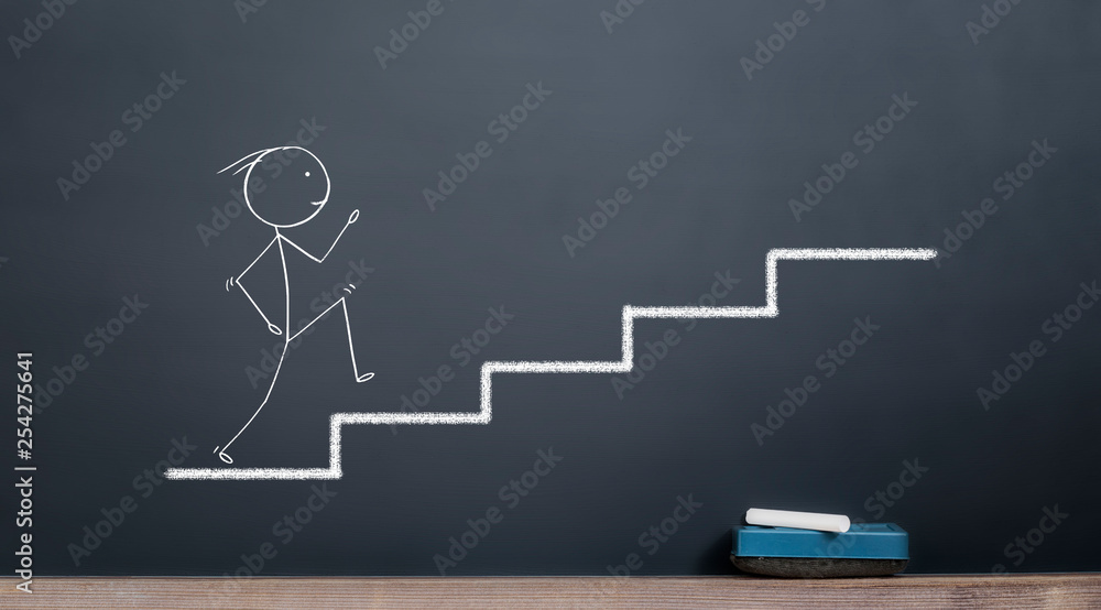 business life start concept, stickman going up stairs business life start concept, stickman going up stairs