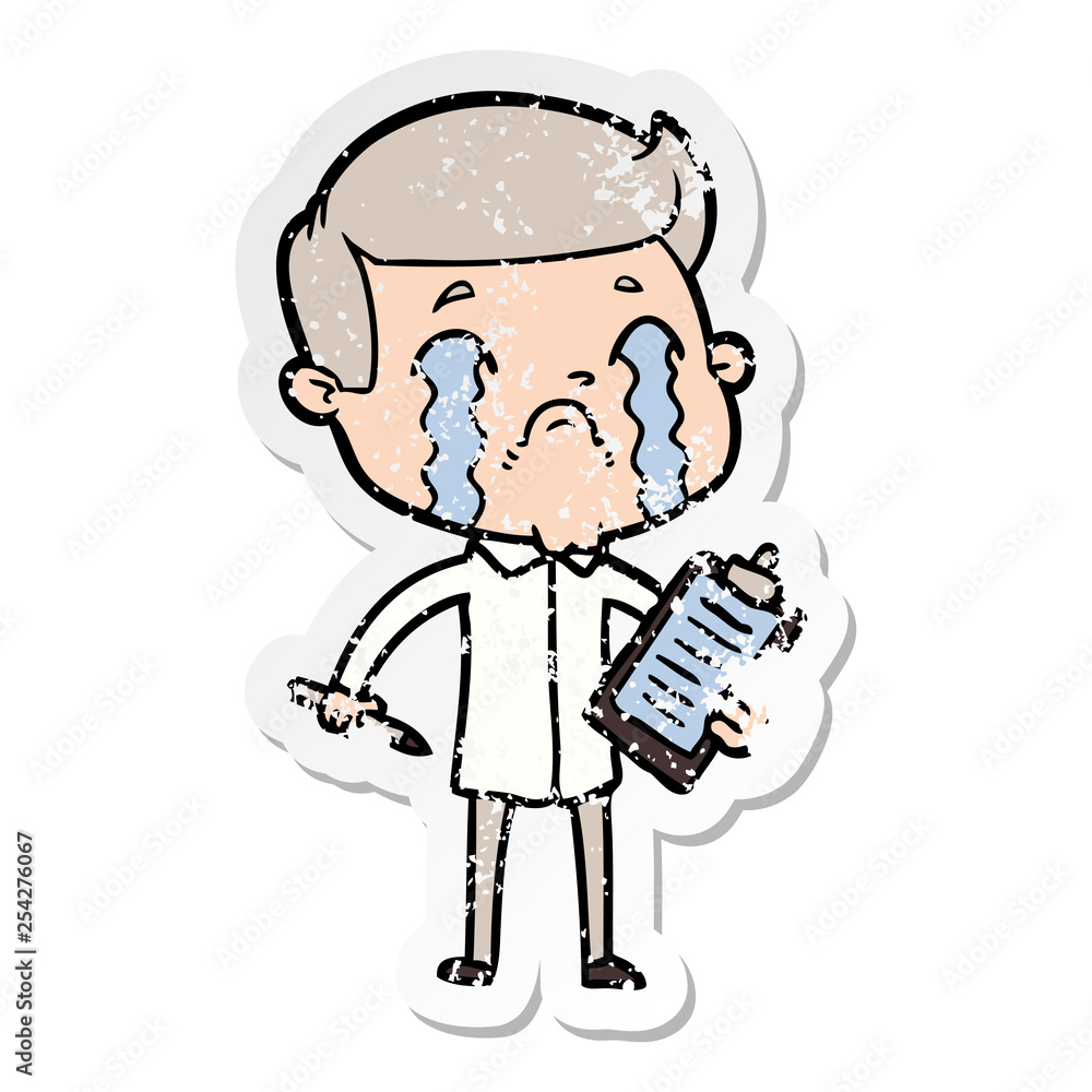 distressed sticker of a cartoon man crying distressed sticker of a cartoon man crying